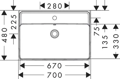 Waschtisch mit rundem Überlauf und Hahnloch, rechteckige Form. Maße und Details sind schematisch dargestellt. Produkt möglicherweise von Hansgrohe.